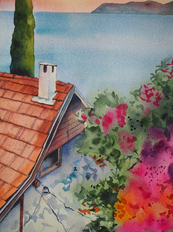 Mediterranean vibe - original watercolor cityscape seaview