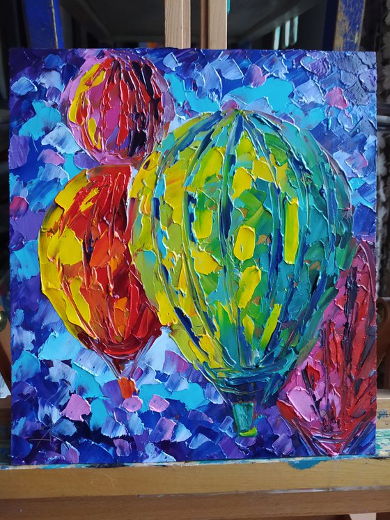 Colors in the sky - oil painting, balloon, air balloon, sky, colored sky, cappadocia, balloons in the sky