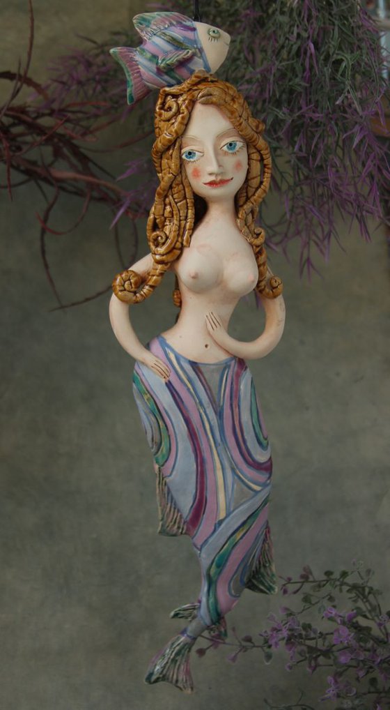 Mermaid with a fish,  Wall sculpture by Elya Yalonetski.