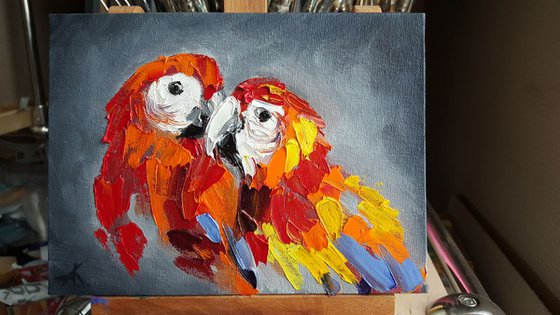Lovers - bird, parrots, painting on canvas, gift, parrots art, art bird, animals oil painting,  palette knife