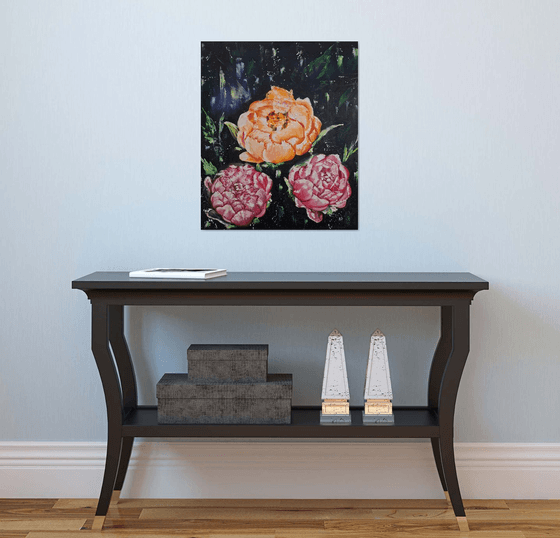 Midnight bloom, floral peonies painting