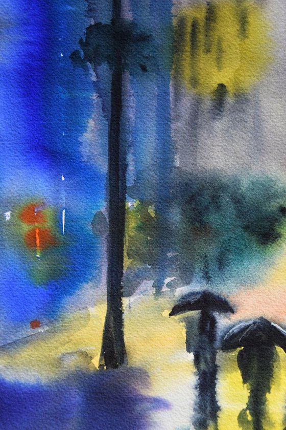 Rainy night New York original watercolor painting, abstract cityscape