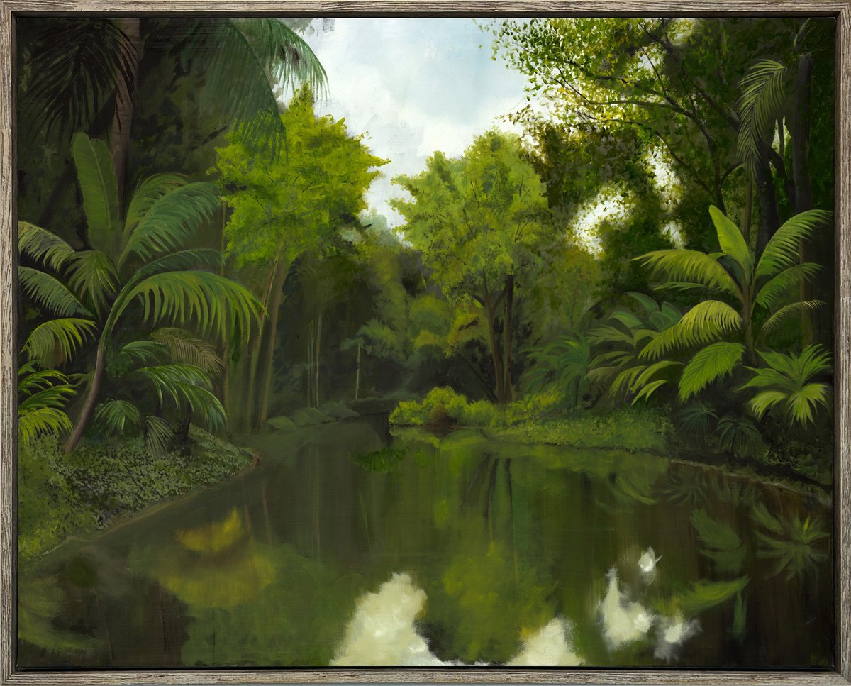 Impressionistic Landscape Oil Painting By Robert Kerr, 41 X 33", Glassy River, Original Artwork