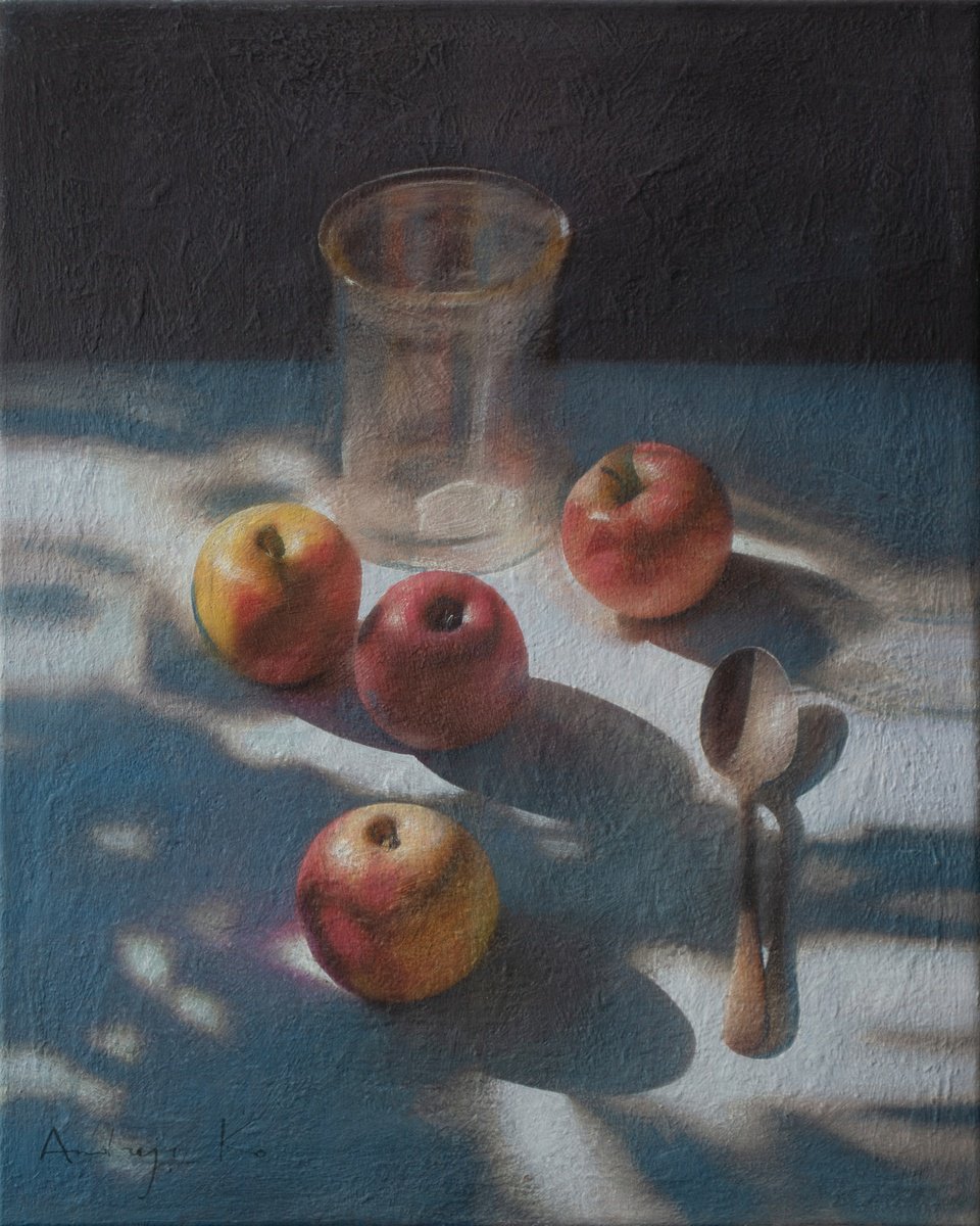 Impressionistic Still Life Acrylic Painting By Andrejs Ko, 16 X 20, The Glass, Spoon And Apples, Original Artwork
