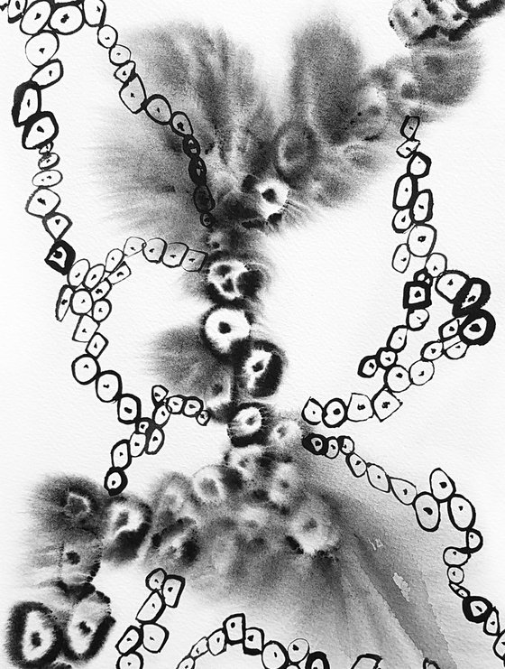 "Cellular formations" Abstract Watercolor Painting. Black and White Art. Monochrome Artwork.