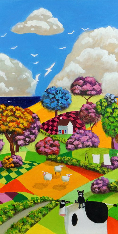 Cow, cat and sheep naive art painting by Gordon Bruce