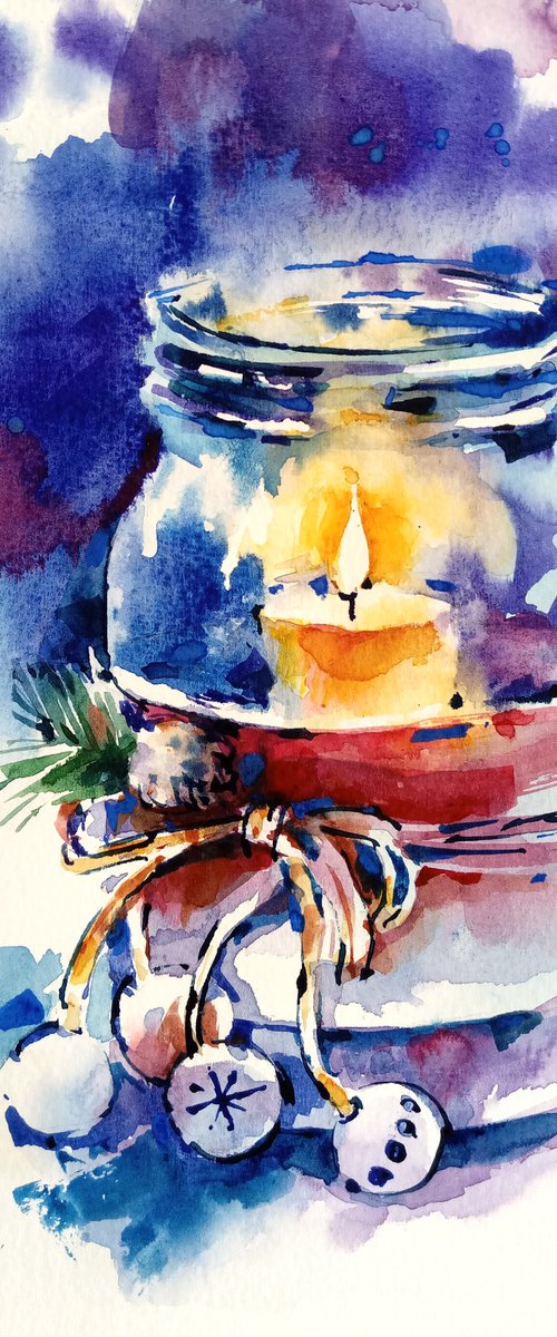 "Decorated autumn candle" original watercolor artwork by Ksenia Selianko