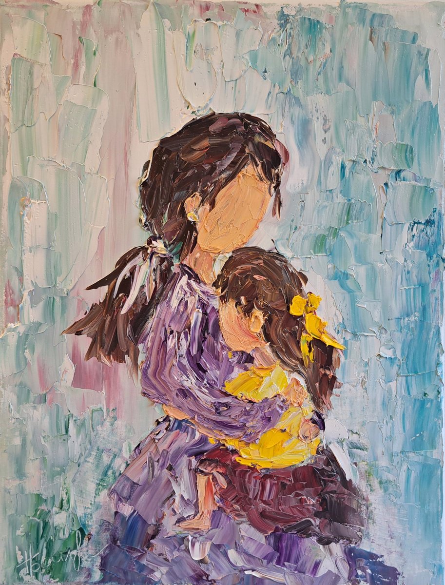 Impressionistic Portrait Oil Painting By Oksana Fedorova, 12 X 16", Girl With Mother, Original Artwork