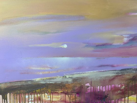 Bright horizontal painting - "Violet sunset" - Landscape - Expressionism - Seascape - Sunset