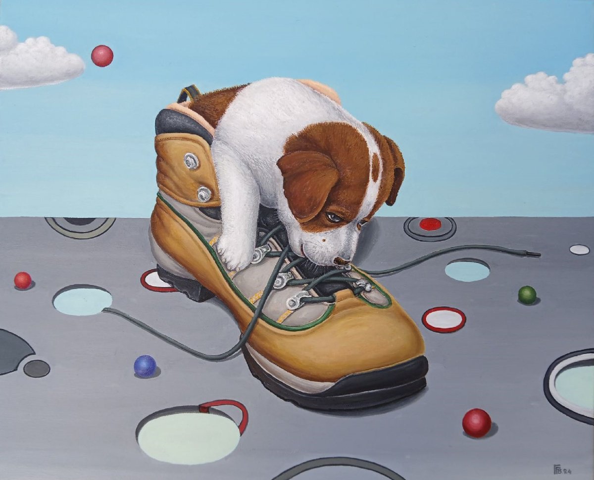 Surrealistic Animal Oil Painting By Grigor Velev, 20 X 16, Playtime, Original Artwork