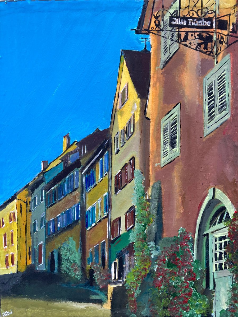 Photorealistic Cityscapes Acrylic Painting By Andrew Reid Wildman, 10 X 12, Swiss Town, Late Afternoon, Original Artwork