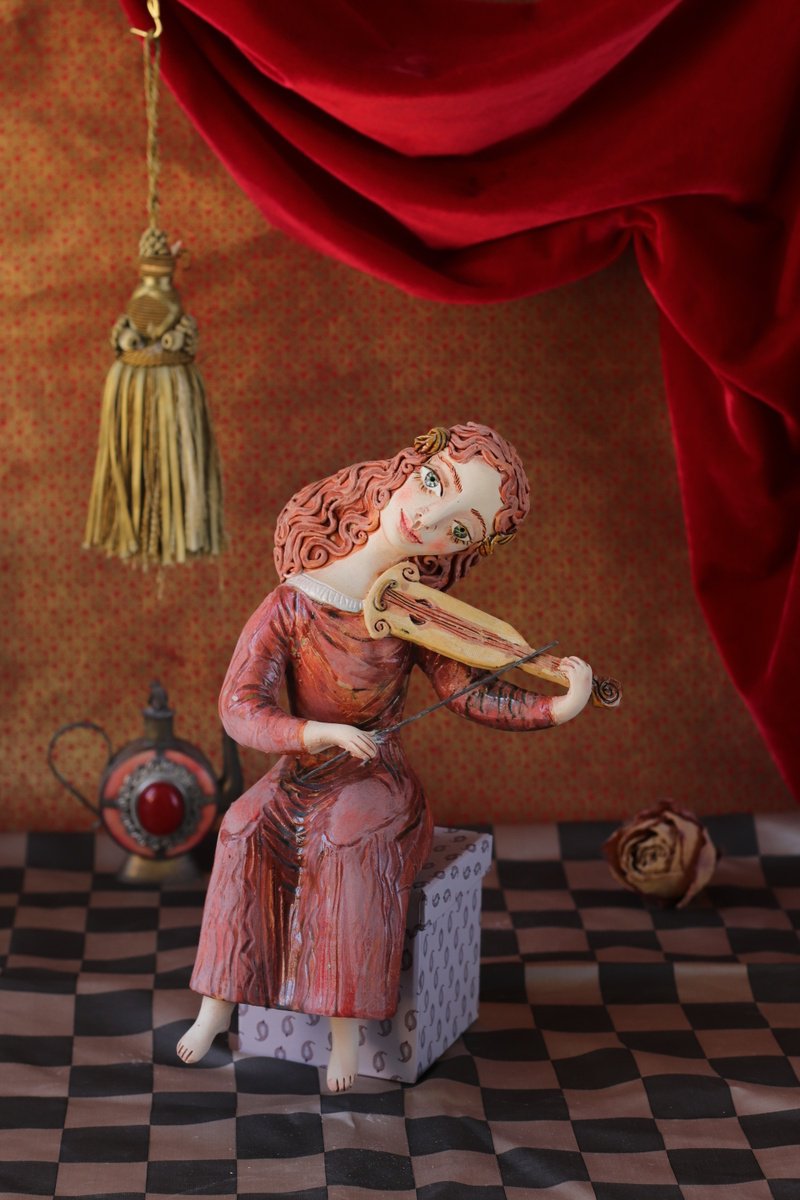 Surrealistic Clay Sculpture , Renaissance Girl With A Vielle By Elya Yalonetski, 6 X 10, Artwork For Sale On Artfinder