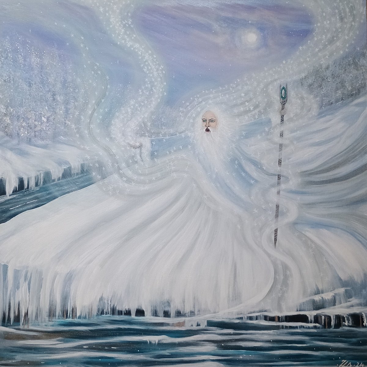 Surrealistic Portrait Acrylic Painting By Zoe Adams, 20 X 20", Winter., Original Artwork