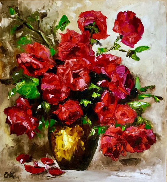 BOUQUET OF RED ROSES  palette knife still life  flowers Dutch style  office home decor gift