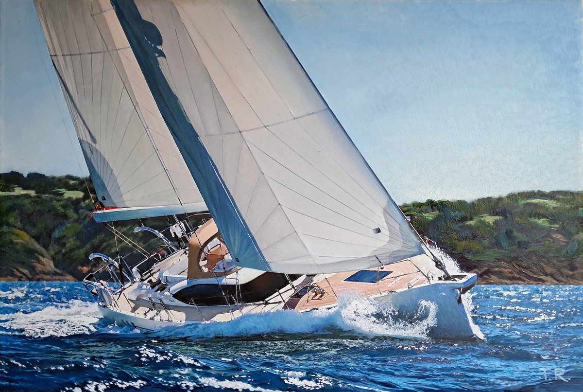 Impressionistic Landscape Oil Painting By Tatiana Rezvaya, 30 X 20", Summer, Sun, Sea, Sails, Original Artwork