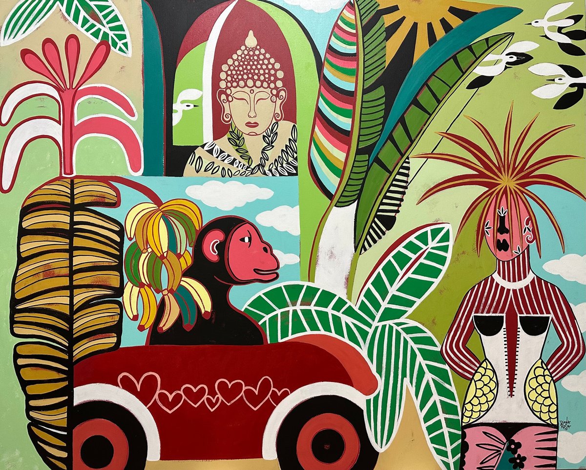 Surrealistic Botanical Acrylic Painting By Diana Rosa, 60 X 48, Banana Express, Original Artwork