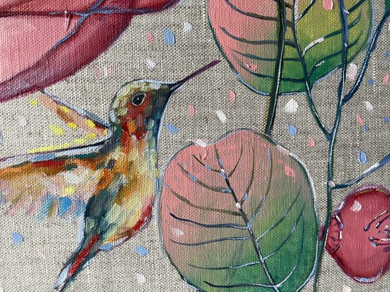 "Flying hummingbirds and flowers". Original oil painting