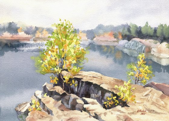 Ukrainian watercolour. Korostyshiv canyon. Autumn