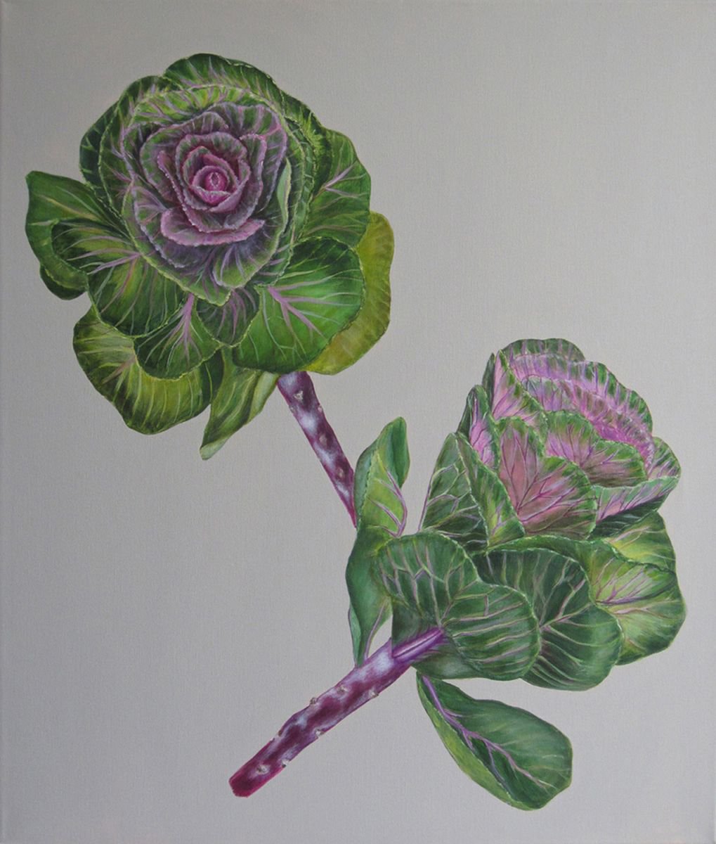 Photorealistic Botanical Acrylic Painting By Jacqueline Talbot, 24 X 28, Ornamental Cabbages, Original Artwork