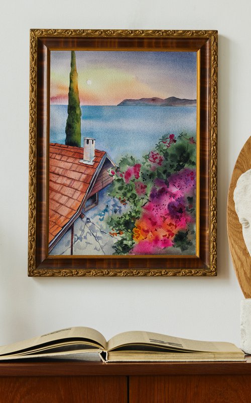 Mediterranean vibe - original watercolor cityscape seaview by Delnara El