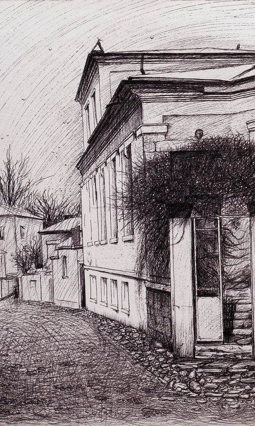 The alley, Ink drawing on paper, Gift Art, Wall Art, Drawings on paper, Original art by Bledi Kita