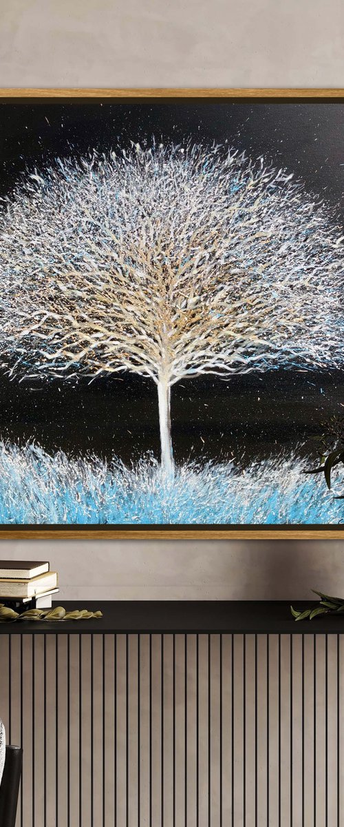 Frozen tree, large abstract tree painting on canvas by Volodymyr Smoliak