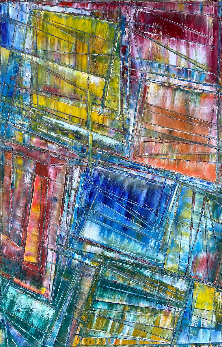 Geometric Abstract Oil Painting By Preston M. Smith (Pms), 28 X 44", "Color Fracture", Original Artwork