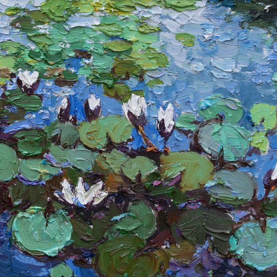 White Water Lilies - Impasto Original Oil painting 90 x 70 cm