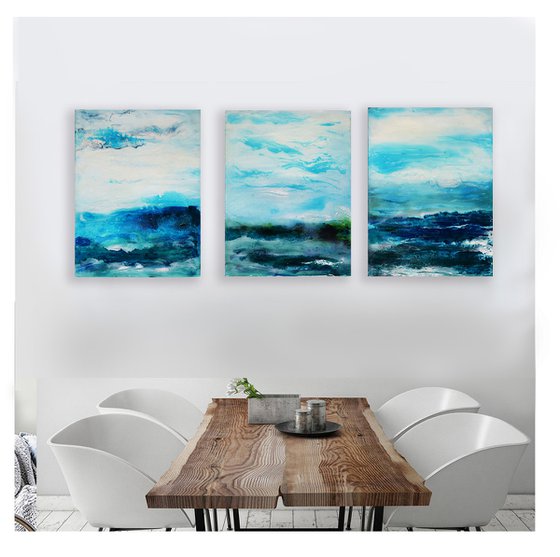 3 Blue Abstract paintings