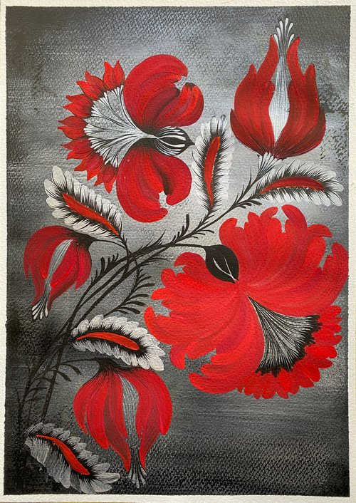Modern Petrykivka Floral Ornament in Red and Black by Tetiana Savchenko