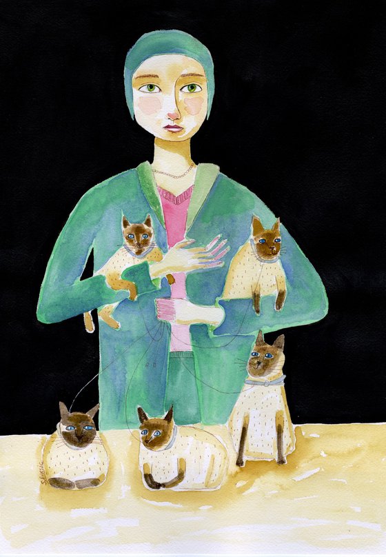 The Lady with Five Siamese Cats