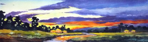 Sunset Village - Acrylic on Canvas Painting by Samiran Sarkar