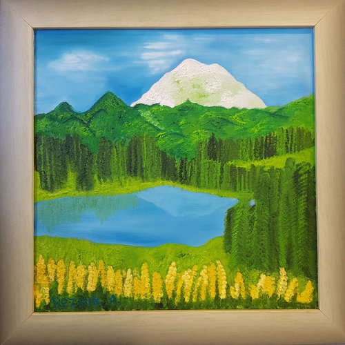 Early painting "Mountain lake" 40*40 cm by Anna Reznik