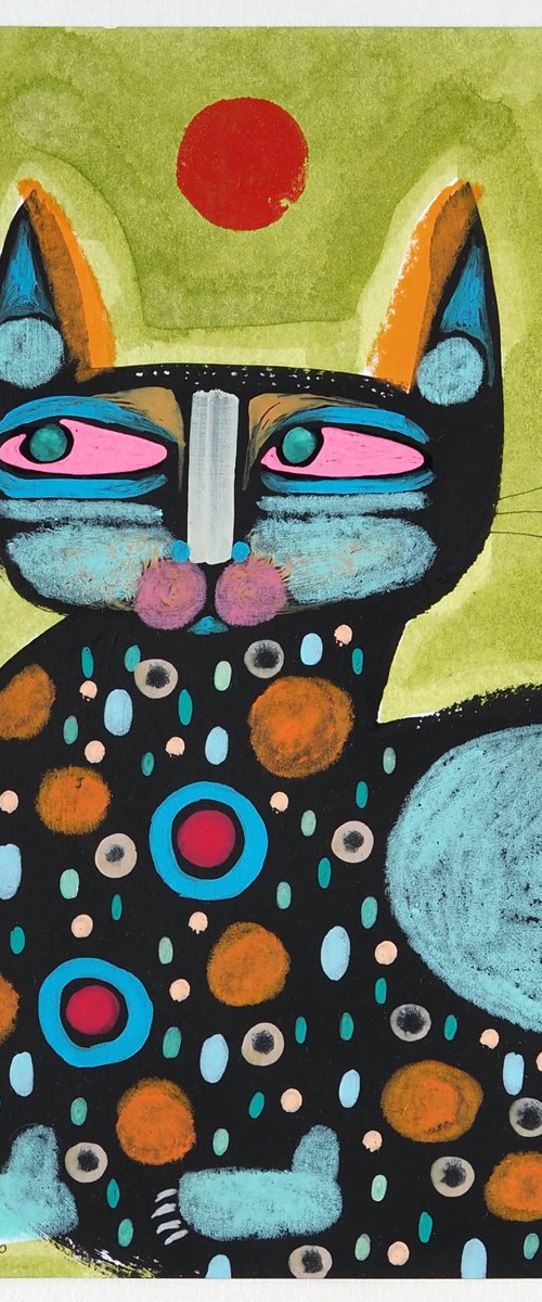 Cat - green sky red sun by Sara Rodighiero