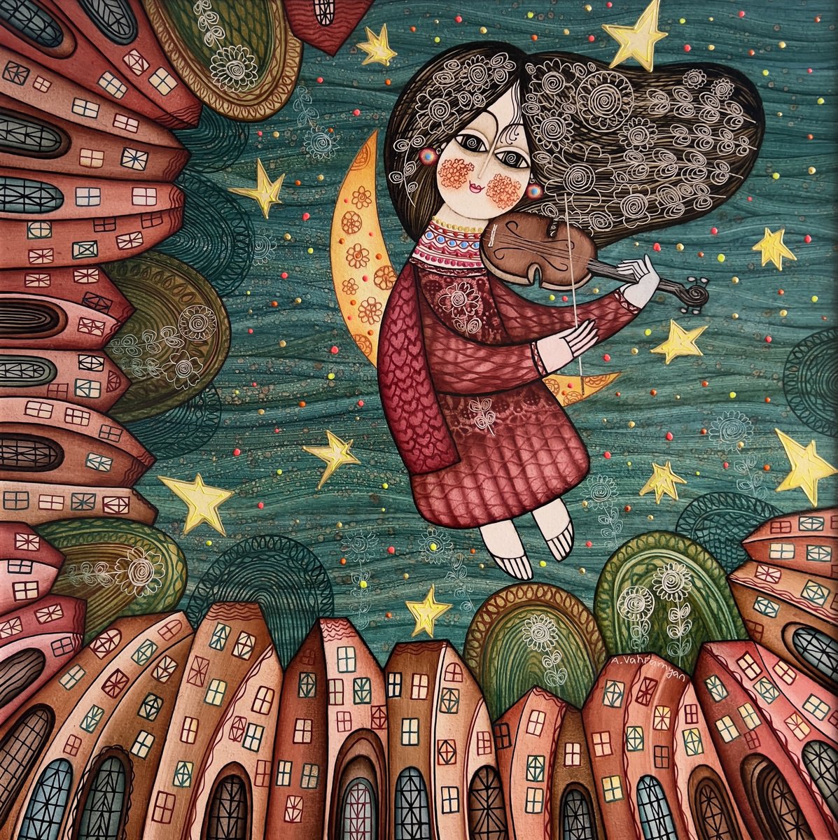 Naive Portrait Oil Painting By Armen Vahramyan, 28 X 28, Melody Of The Night Sky, Original Artwork