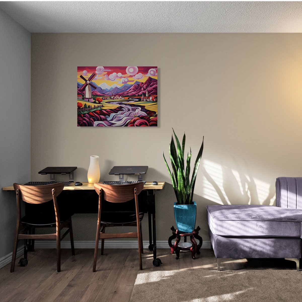 Illustrative Landscape Acrylic Painting By Kosta Morr, 31 X 24", Mountain Village, Original Artwork