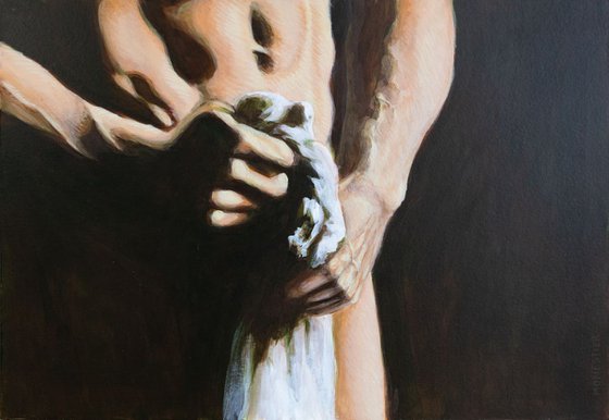 Male nude - Torso, hand and fabric - man - body - muscles