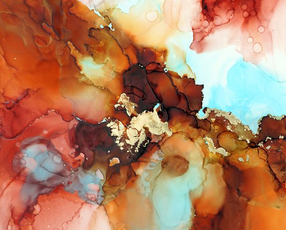 Explosion - Expressionist Original Ink Artwork - Abstract Art, Orange Colors Wall Art, Luxury Fluid Painting