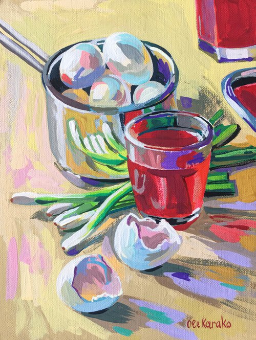 Eggs, drinks and onion by Ole Karako