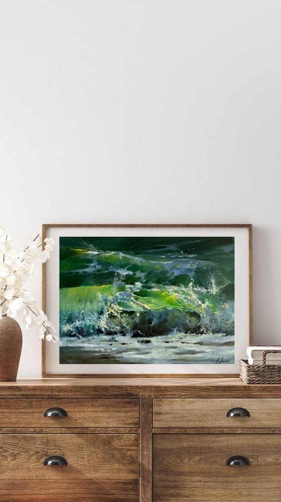 Green wave original oil painting