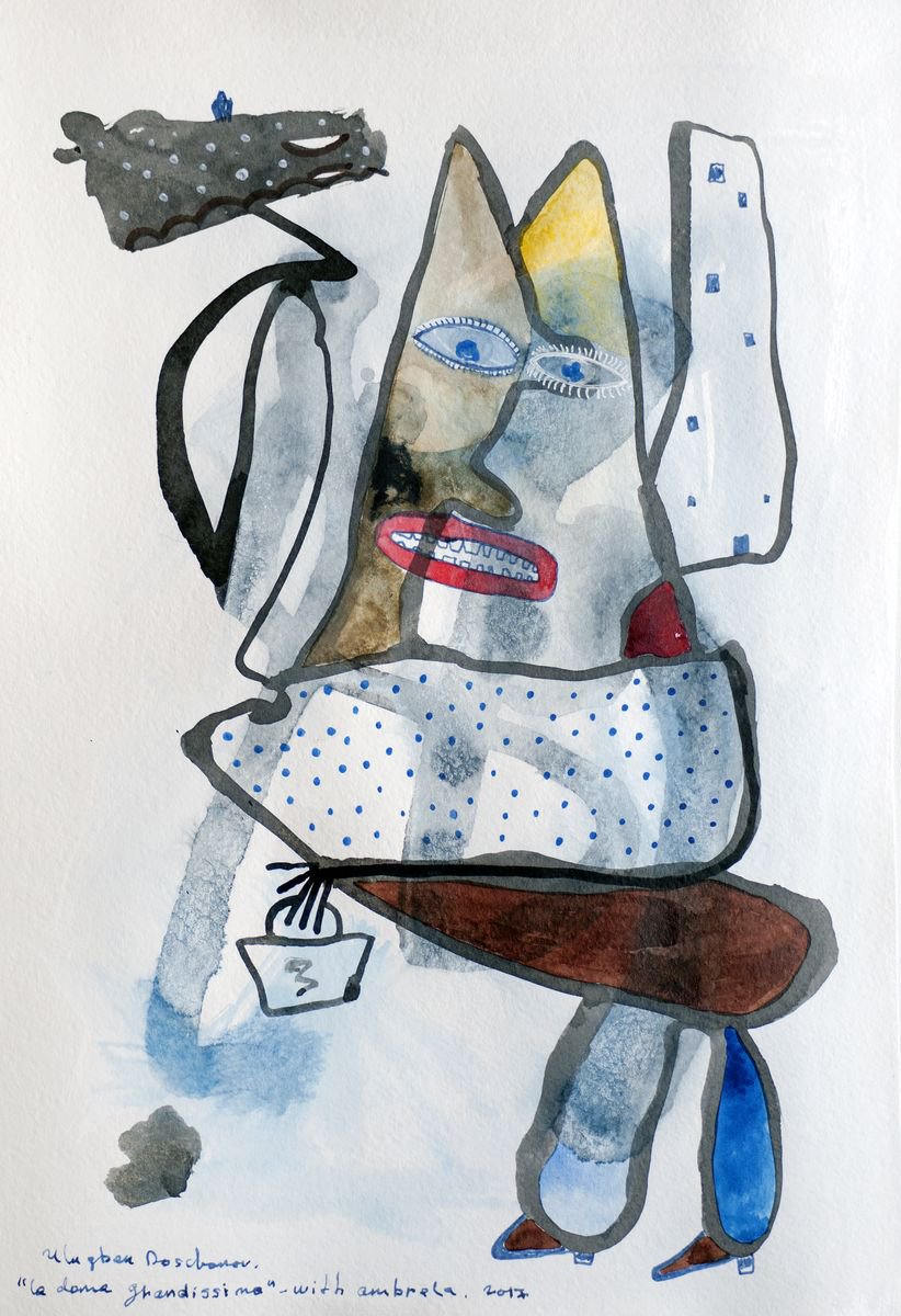 La dama grandissima - with umbrella Watercolour ink on paper by Ulugbek Doschanov