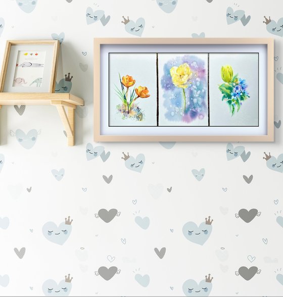 Triptych yellow flowers