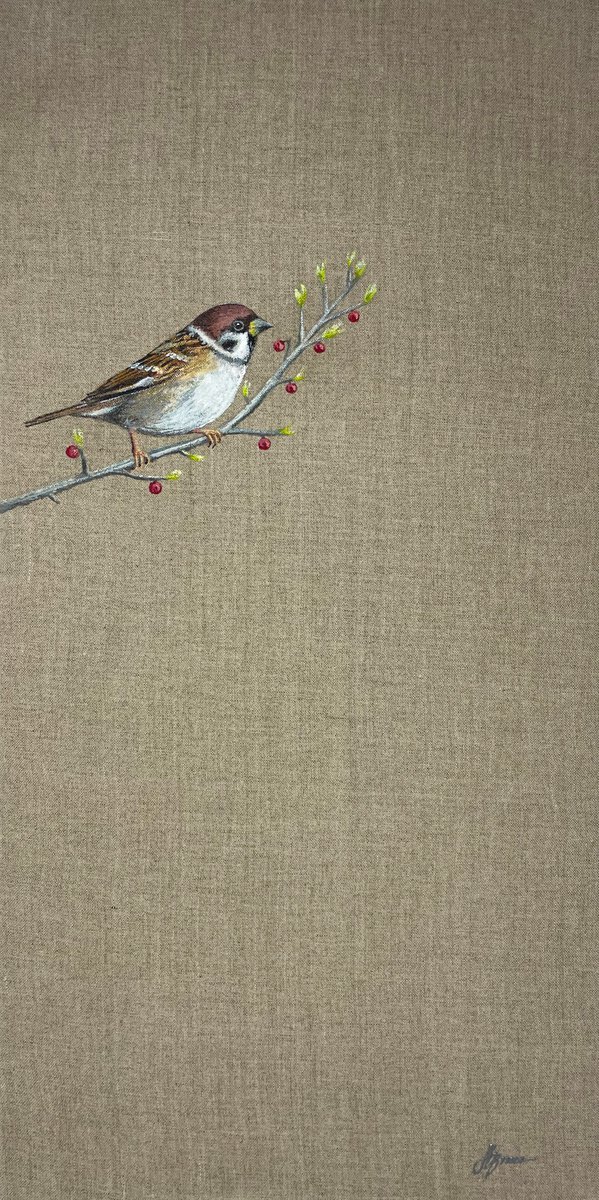 Tree Sparrow On Linen by Hannah Bruce