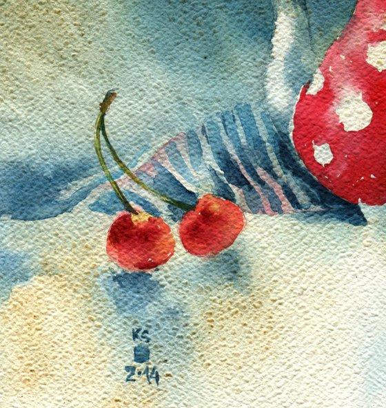 "Summer still life with cherries" - original watercolor artwork