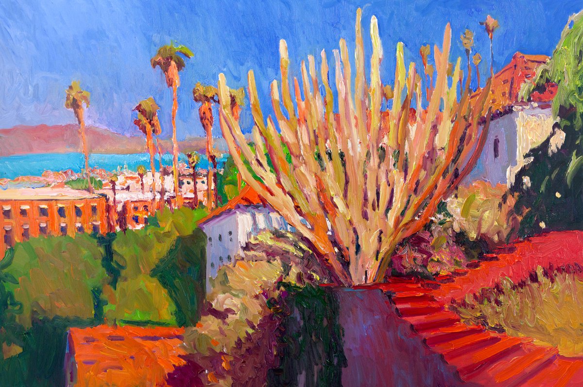 Expressive Oil Painting , Cactus And Red Steps By Suren Nersisyan, 36 X 24, Artwork For Sale On Artfinder