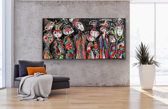 71''x 35''(180x90cm), Friends 50, family, bright urban ,pop art ready to hang, colorful canvas art  - xxxl art - abstract art painting- extra large art- mixed media