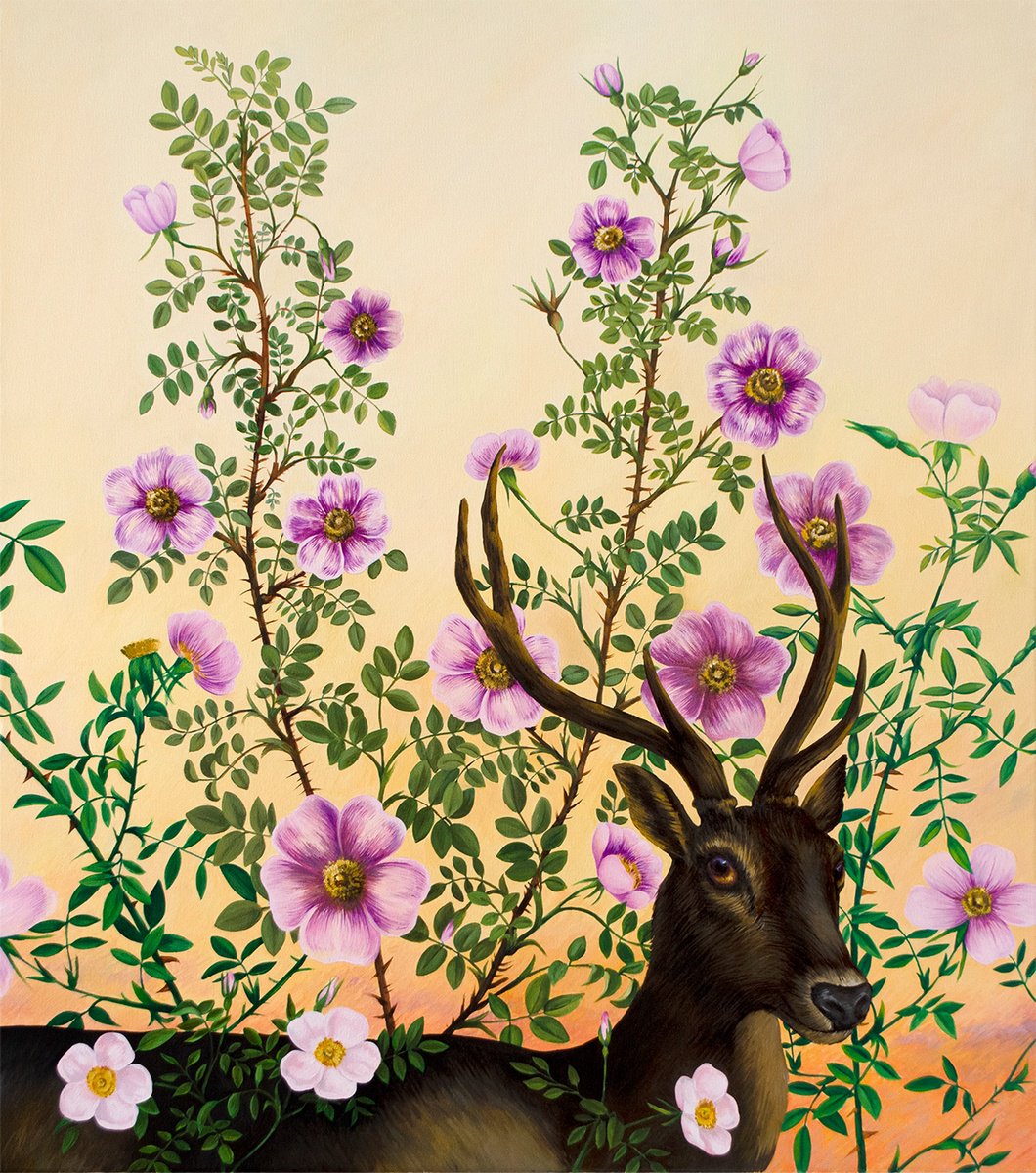 Illustrative Animal Oil Painting By Oksana Reznik, 26 X 29", Deer In The Dog-Rose, Original Artwork