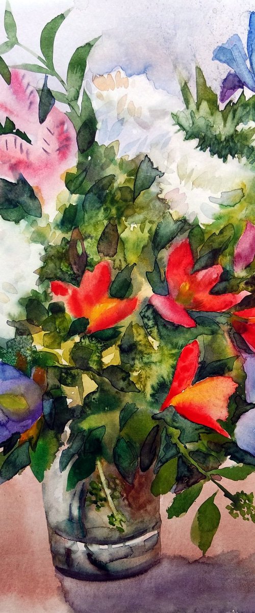 Motley Flowers in a Vase Watercolor Colorful Floral Painting by Ion Sheremet