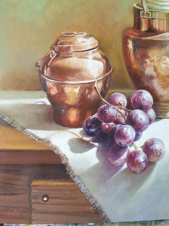 "Still life with grapes and an old exquisite  copper-brass utensil." still life grapes old brass jug summer  liGHt original painting  GIFT (2021)