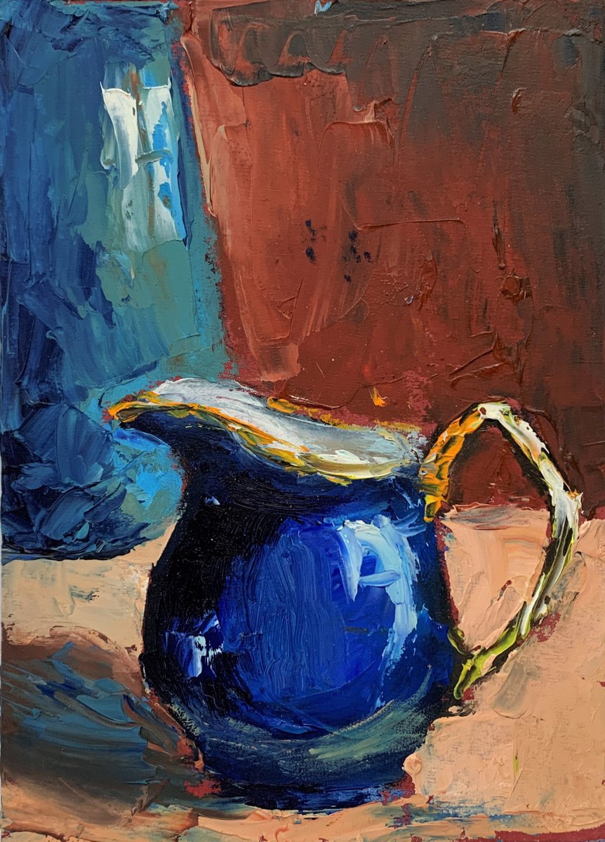 Blue, cobalt milk pitcher. still life. Original impasto, Palette knife oil painting. by Vita Schagen